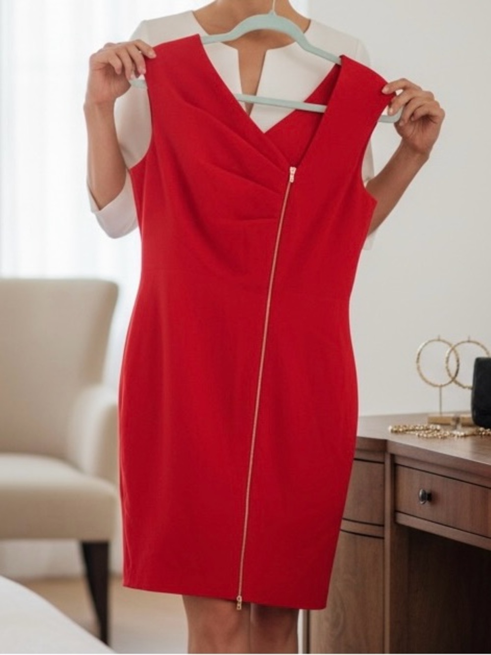 Calvin Klein Classic Red Sheath Dress with Asymmetric Zip